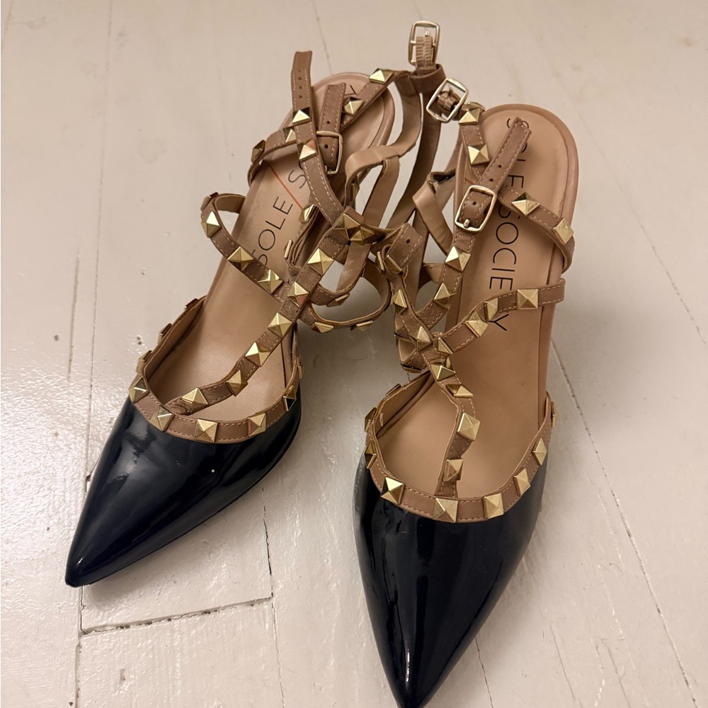 Sole Society Black and Tan Studded Heels